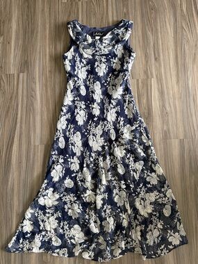 Vintage Jolibel Navy and White Floral Sleeveless Cowl Neck Dress